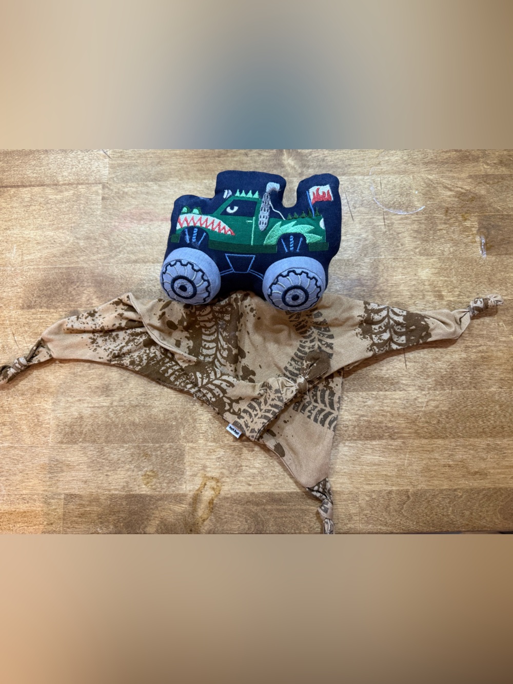 Little Sleepies Green Monster Truck Lovey with Tan Patterned Blanket